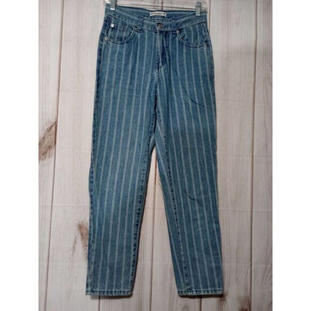 Pull&Bear Womens Pinstripe High Waisted Mom Jeans Blue White Tapered Size 26 36